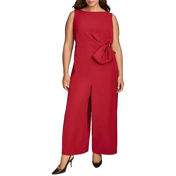Donna Karan Plus Size Boat Neck Sleeveless Bow Tie Waist Wide Leg Jumpsuit - Picture 1 of 4